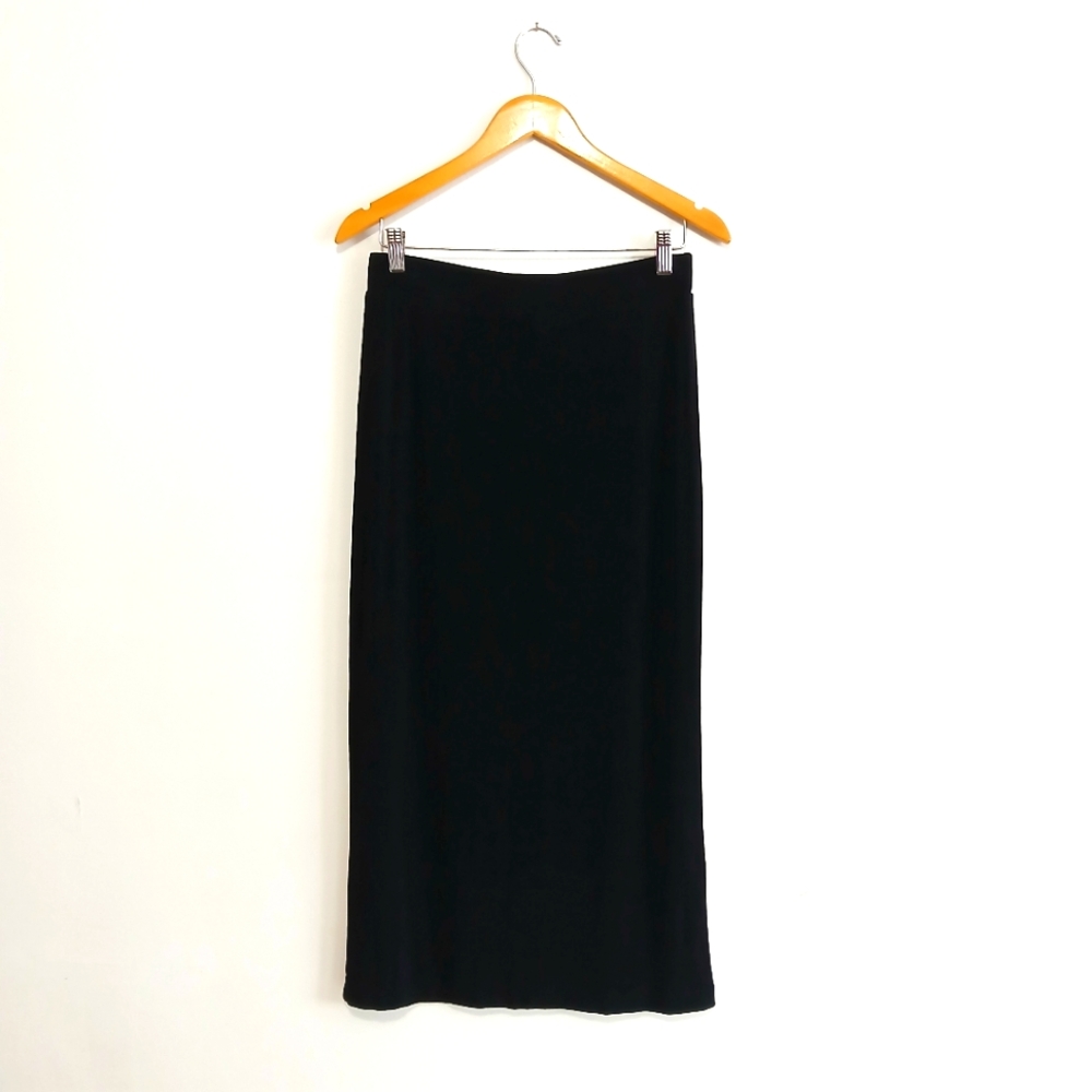Chico's Travelers Black Straight Midi Skirt Size 1 Med Vacation Career Evening